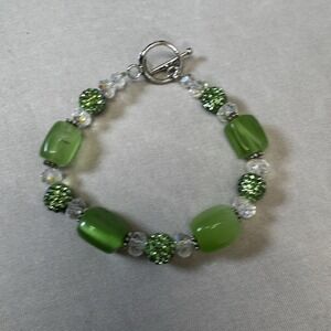 Gorgeous Silvertone Green Glass Bead Toggle Bracelet